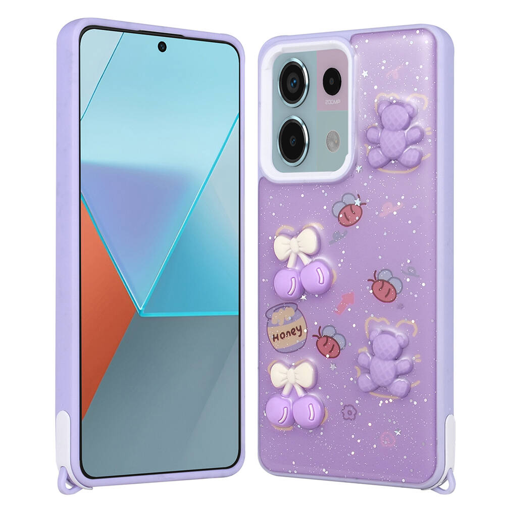 Xiaomi Redmi Note 13 Pro 5G Kılıf Parlayan Sıvılı Simli Kabartma Figürlü NXXA Cevze Kapak-Mor Ayı