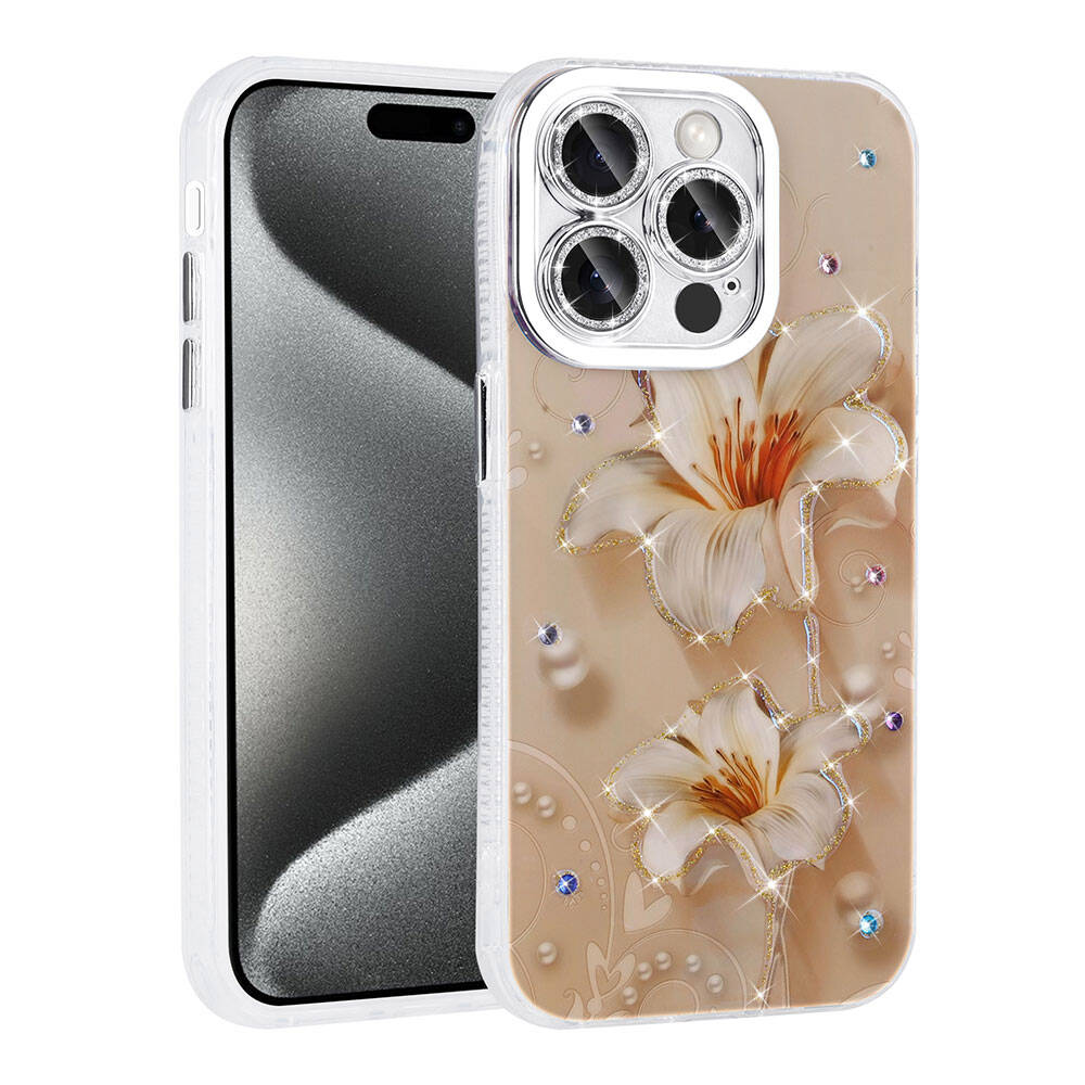 Apple iPhone 15 Pro Max Kılıf Çiçek Desenli Parlak Taşlı Sert Silikon NXXA Garden Kapak-Pembe Açık