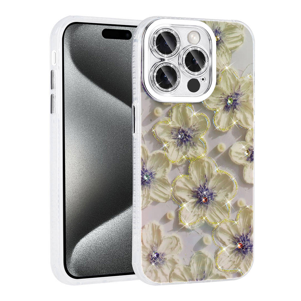 Apple iPhone 15 Pro Kılıf Çiçek Desenli Parlak Taşlı Sert Silikon NXXA Garden Kapak-Mavi
