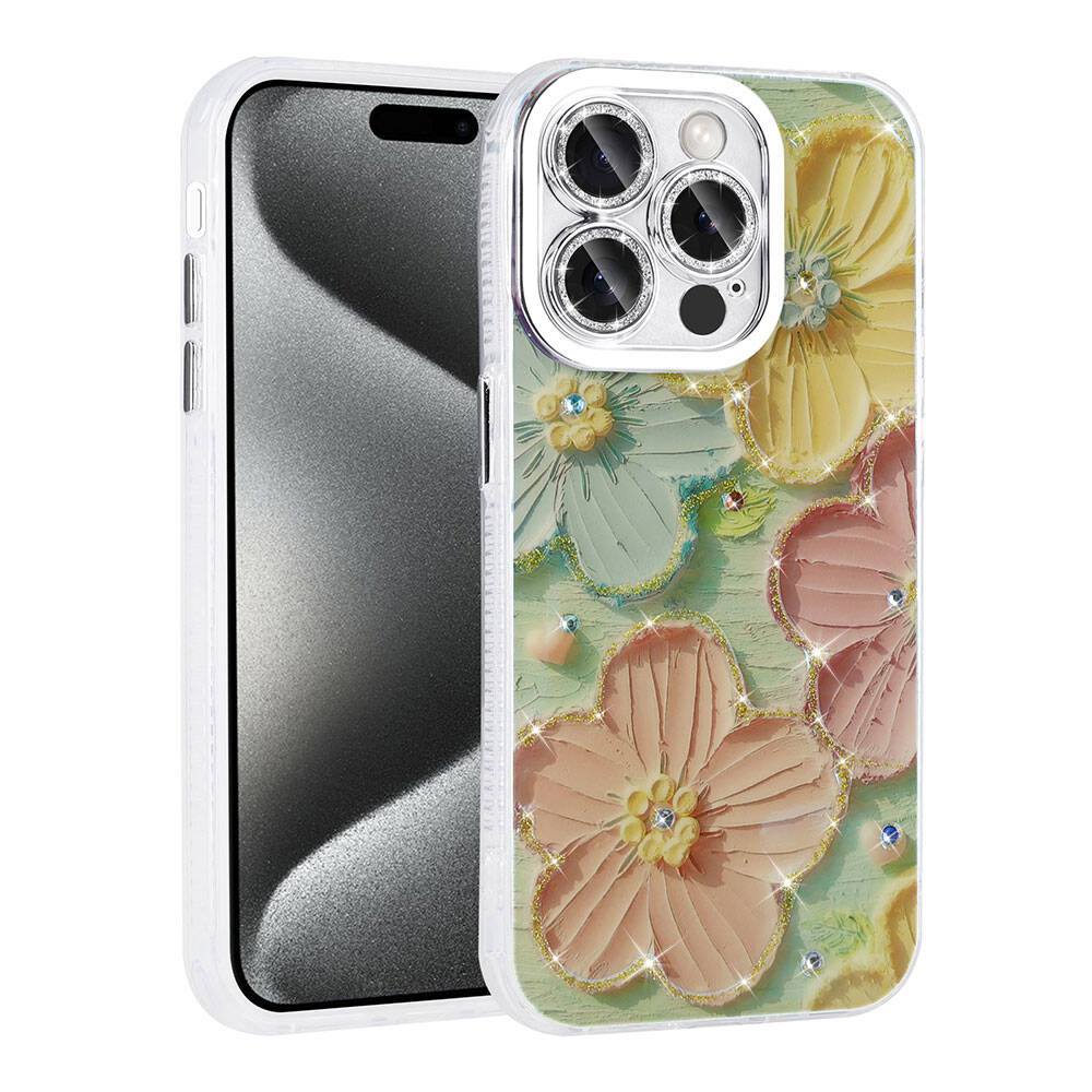 Apple iPhone 15 Pro Kılıf Çiçek Desenli Parlak Taşlı Sert Silikon NXXA Garden Kapak-Colorful