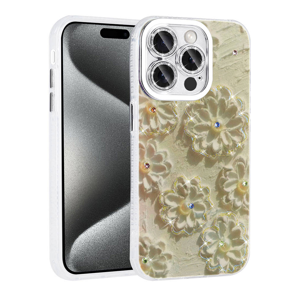 Apple iPhone 15 Pro Kılıf Çiçek Desenli Parlak Taşlı Sert Silikon NXXA Garden Kapak-Beyaz