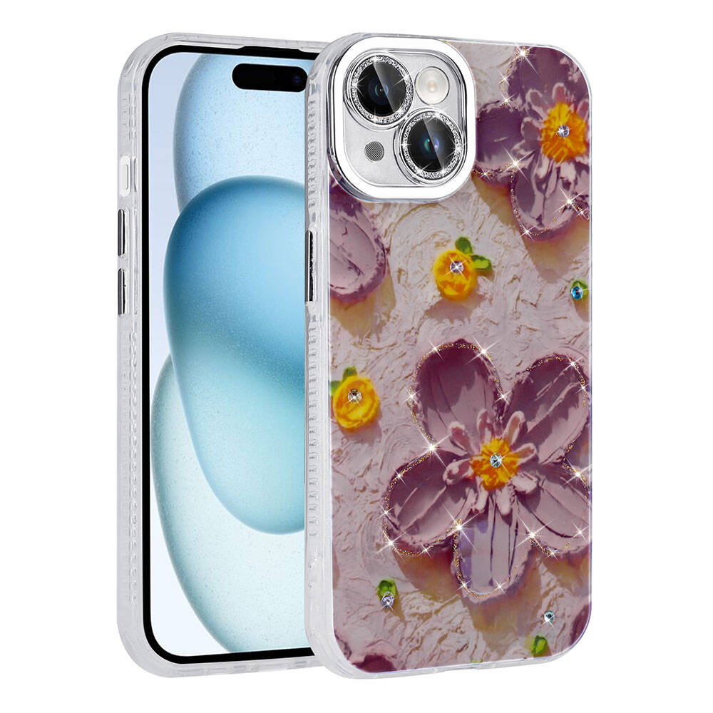 Apple iPhone 15 Kılıf Çiçek Desenli Parlak Taşlı Sert Silikon NXXA Garden Kapak-Mor