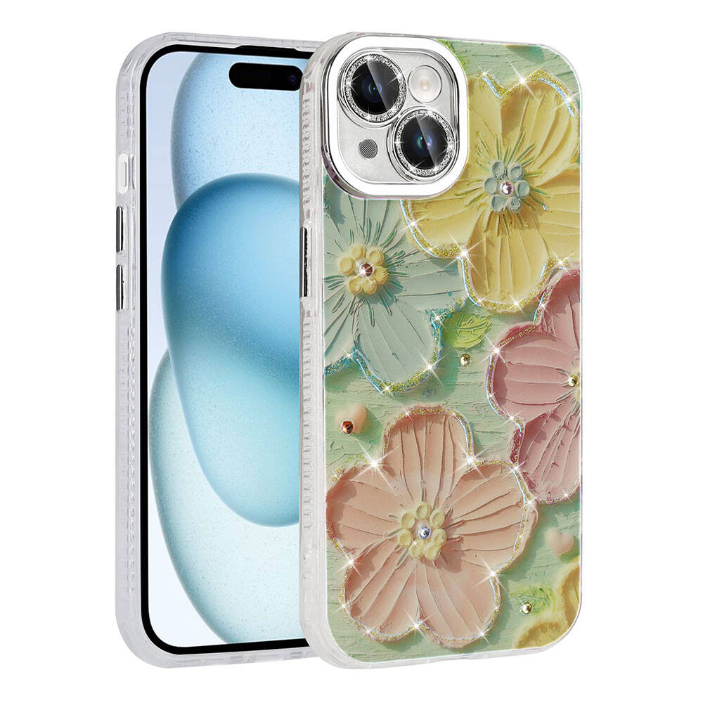 Apple iPhone 15 Kılıf Çiçek Desenli Parlak Taşlı Sert Silikon NXXA Garden Kapak-Colorful