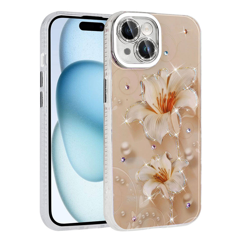 Apple iPhone 15 Kılıf Çiçek Desenli Parlak Taşlı Sert Silikon NXXA Garden Kapak-Pembe Açık