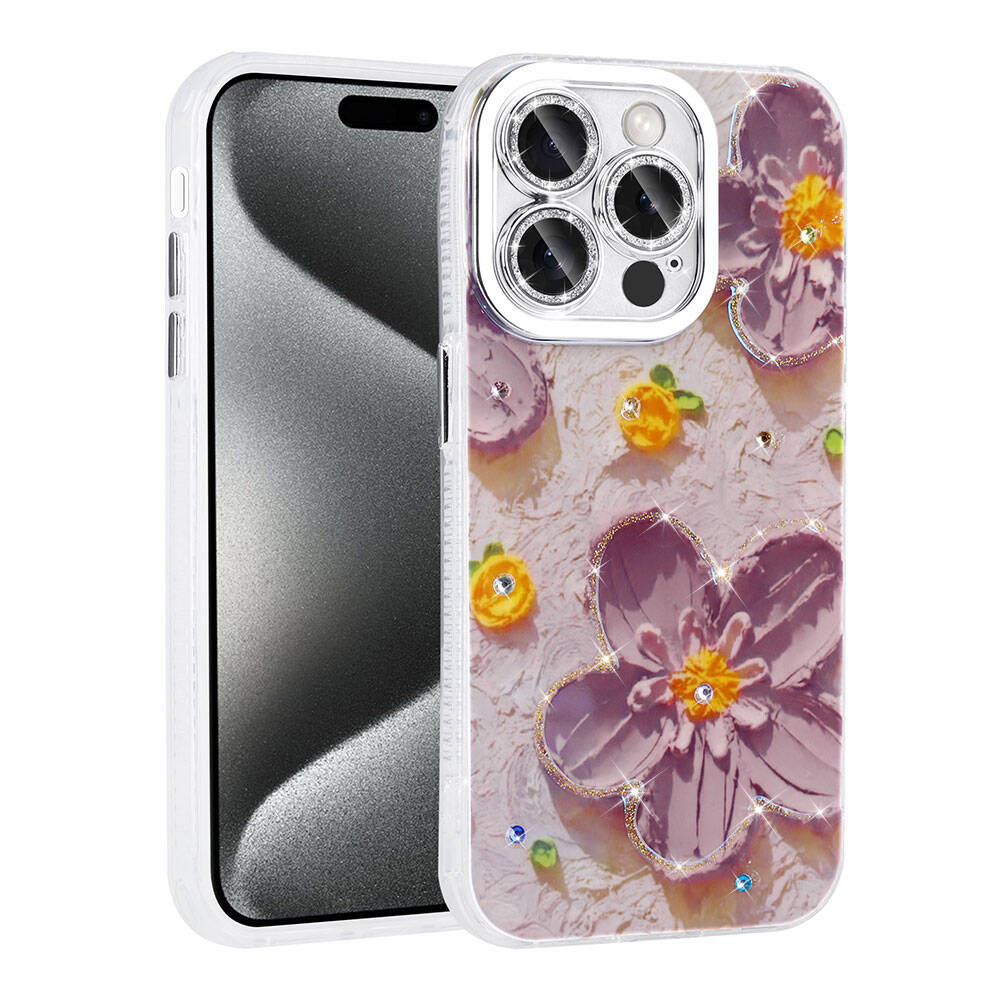 Apple iPhone 14 Pro Max Kılıf Çiçek Desenli Parlak Taşlı Sert Silikon NXXA Garden Kapak-Mor