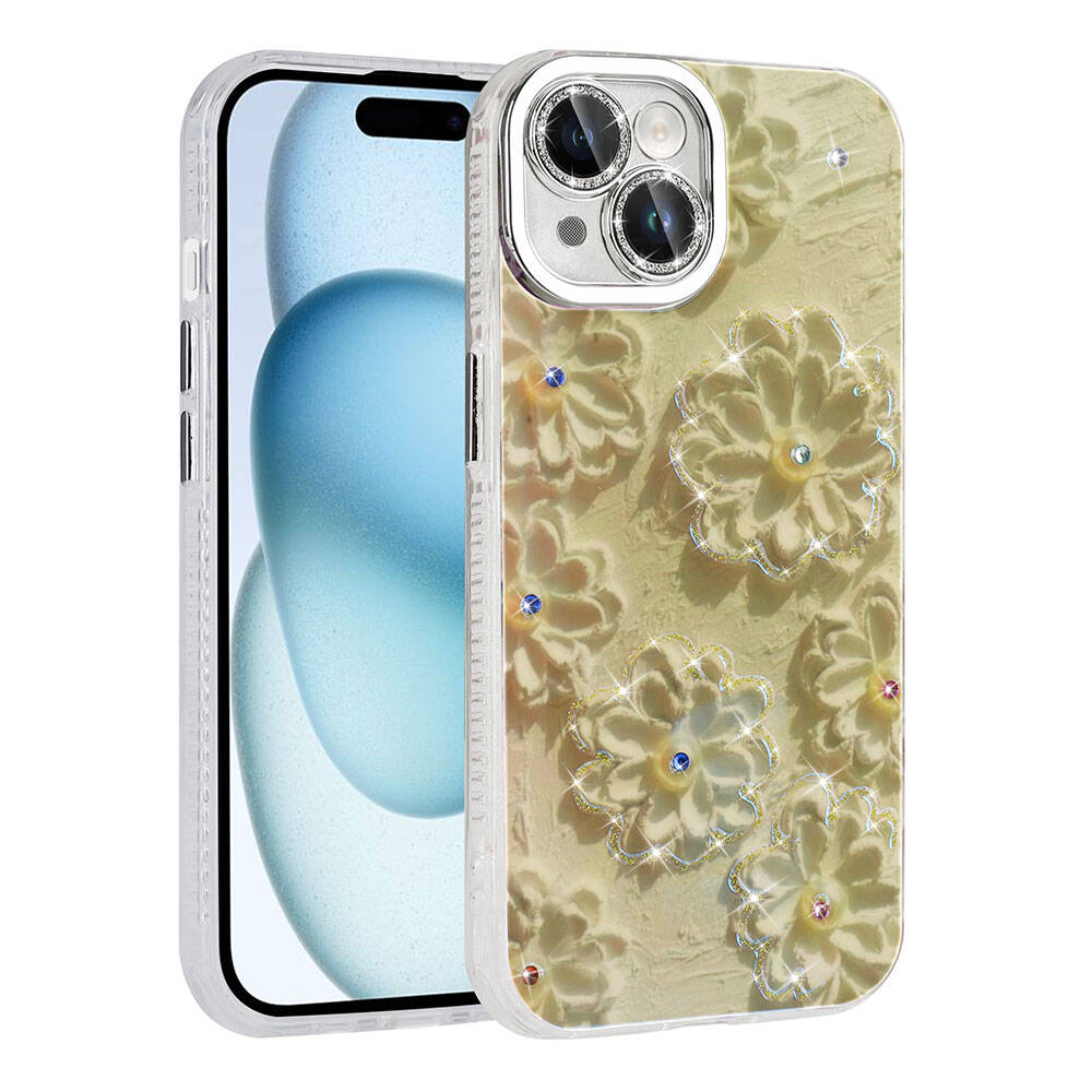 Apple iPhone 14 Kılıf Çiçek Desenli Parlak Taşlı Sert Silikon NXXA Garden Kapak-Beyaz
