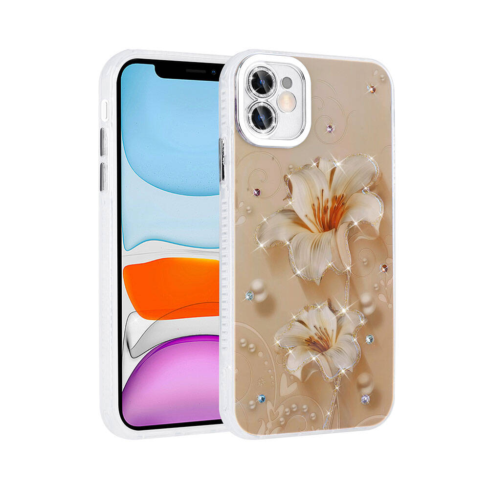 Apple iPhone 11 Kılıf Çiçek Desenli Parlak Taşlı Sert Silikon NXXA Garden Kapak-Pembe Açık