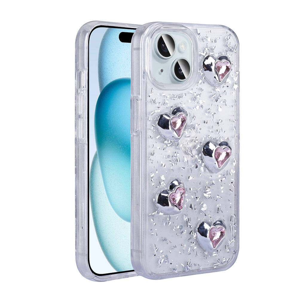 Apple iPhone 13 Kılıf Airbagli Simli Arka Yüzey NXXA Işıltı Silikon Kapak-Beyaz-Kalp