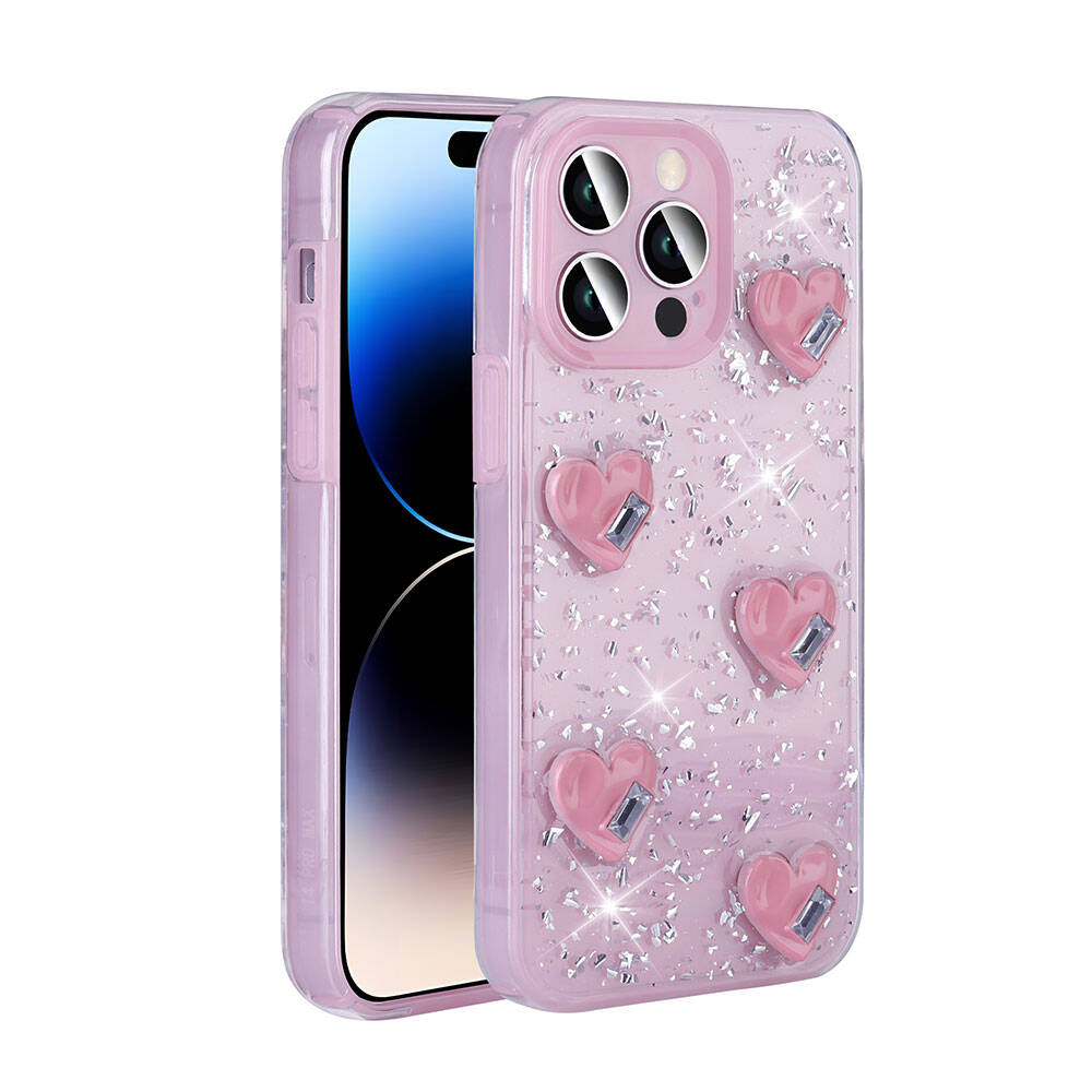 Apple iPhone 14 Pro Max Kılıf Airbagli Simli Arka Yüzey NXXA Işıltı Silikon Kapak-Pembe