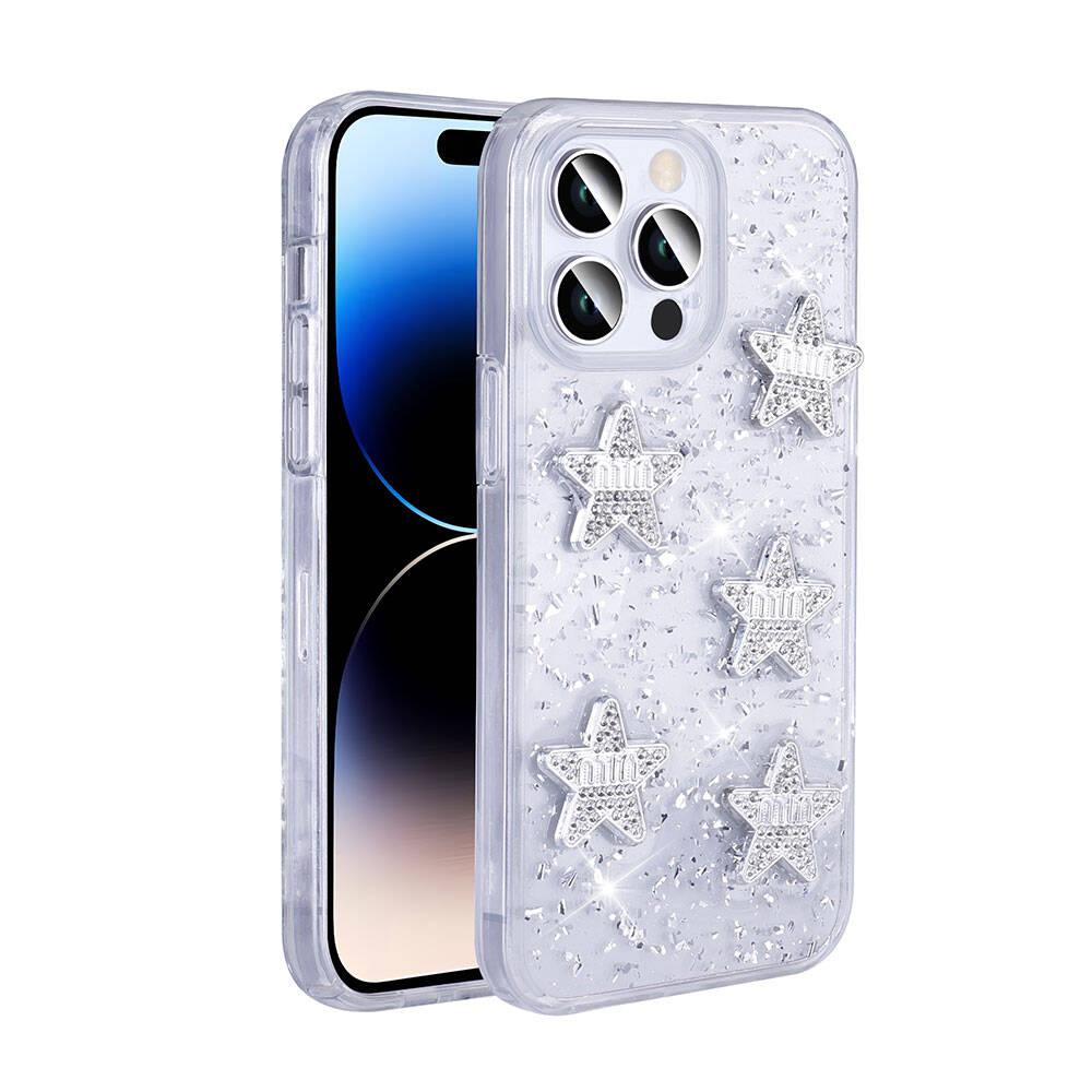 Apple iPhone 14 Pro Max Kılıf Airbagli Simli Arka Yüzey NXXA Işıltı Silikon Kapak-Beyaz-Yıldız