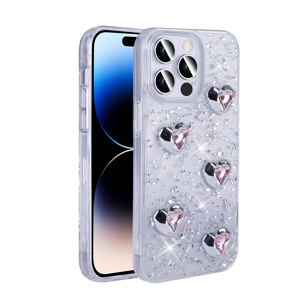 Apple iPhone 14 Pro Max Kılıf Airbagli Simli Arka Yüzey NXXA Işıltı Silikon Kapak-Beyaz-Kalp