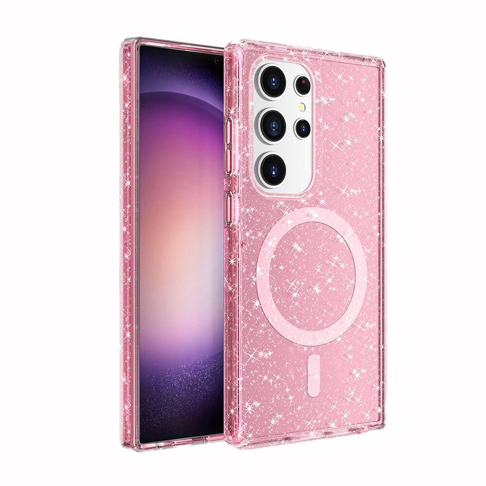 Galaxy S24 Ultra Kılıf Magsafe Şarj Özellikli Parlayan Simli Saydam Renkli NXXA Allstar Kapak-Pembe
