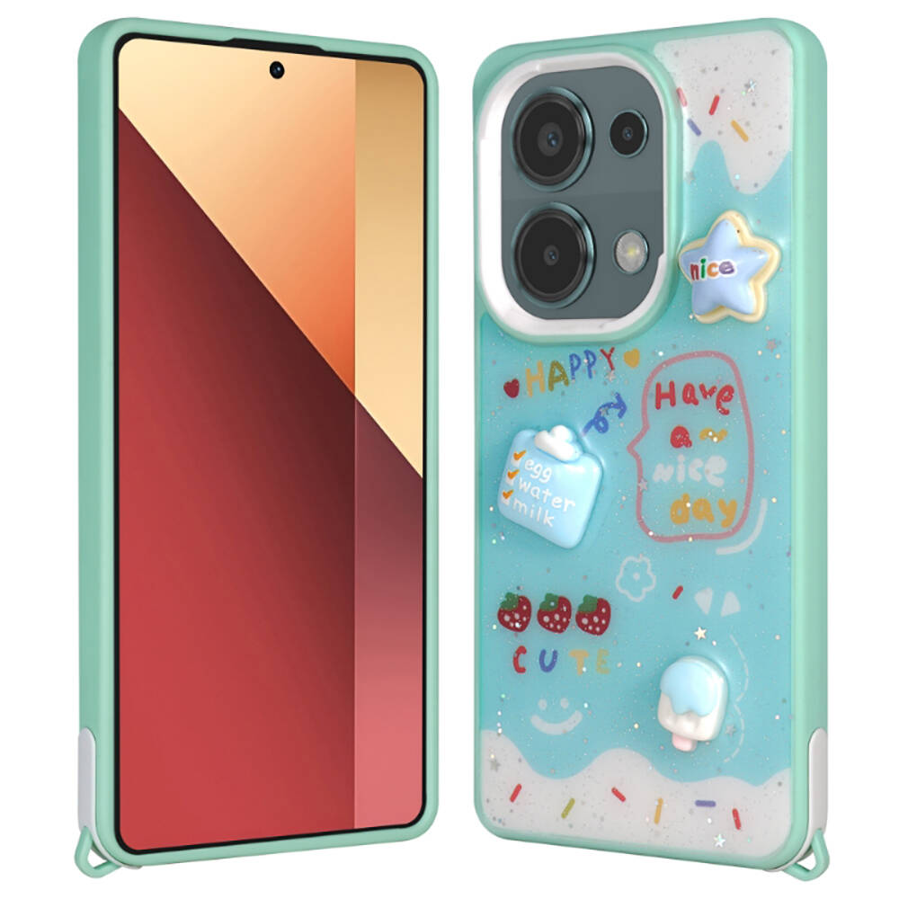 Xiaomi Redmi Note 13 Pro 4G Kılıf Parlayan Simli Kabartma Figürlü NXXA Cevze Kapak-Yeşil