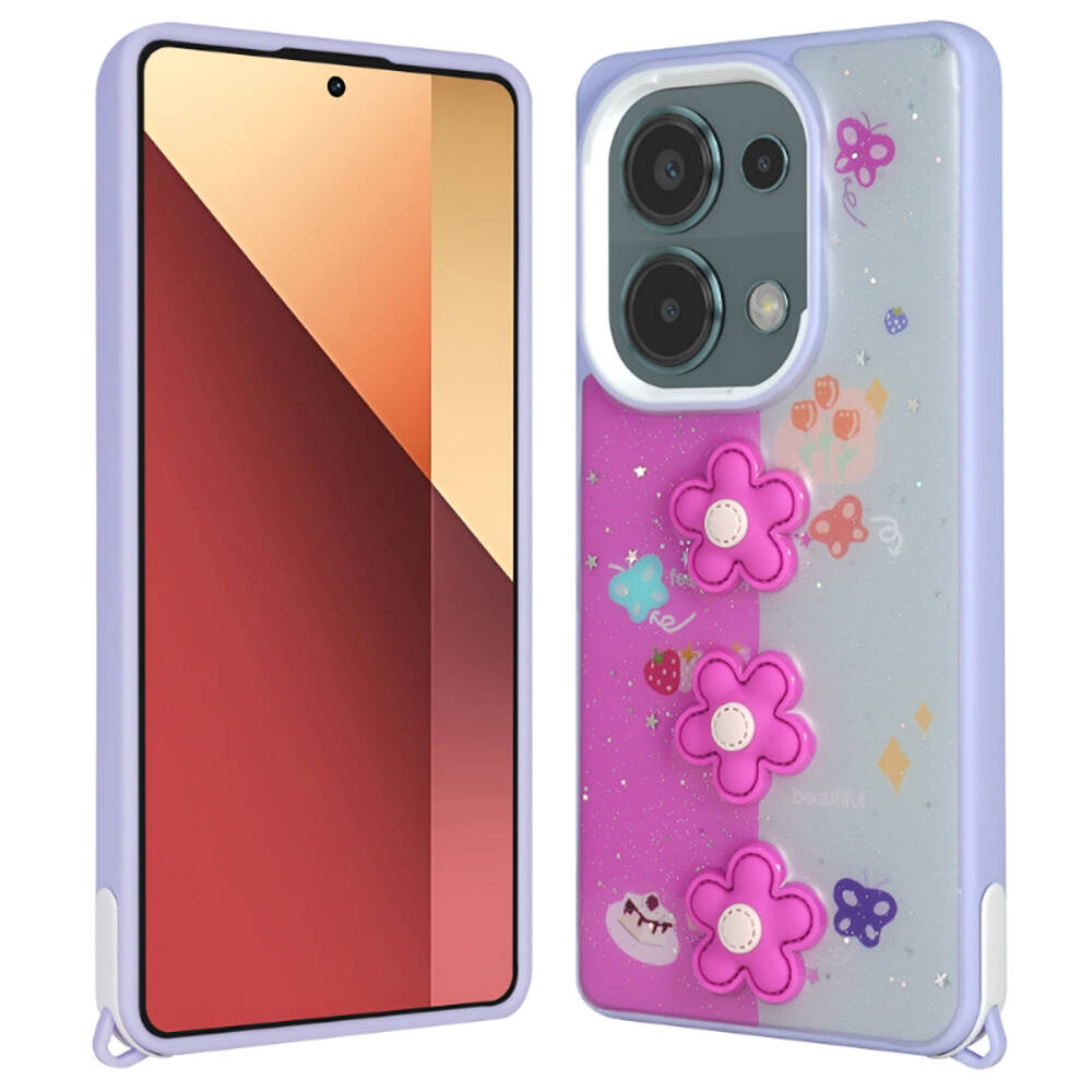 Xiaomi Redmi Note 13 Pro 4G Kılıf Parlayan Simli Kabartma Figürlü NXXA Cevze Kapak-Mor Papatya