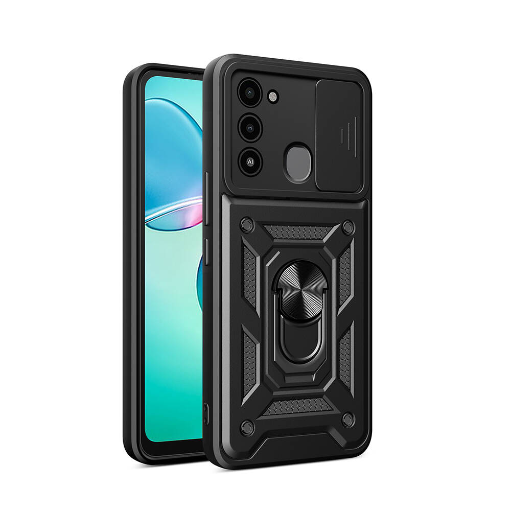 Tecno Spark 8C Kılıf Magnetik Standlı Kamera Korumalı NXXA Sürgülü Vega Kapak-Siyah