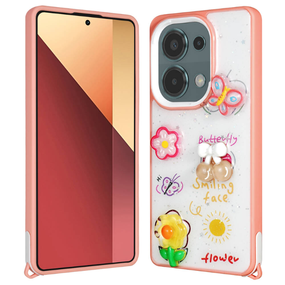 Xiaomi Poco M6 Pro 4G Kılıf Parlayan Simli Kabartma Figürlü NXXA Cevze Kapak-Pembe