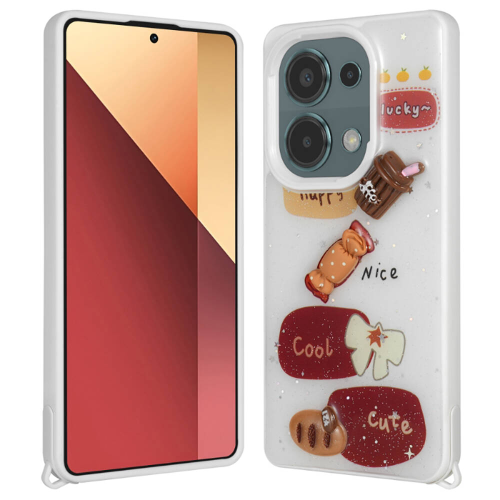 Xiaomi Poco M6 Pro 4G Kılıf Parlayan Simli Kabartma Figürlü NXXA Cevze Kapak-Beyaz
