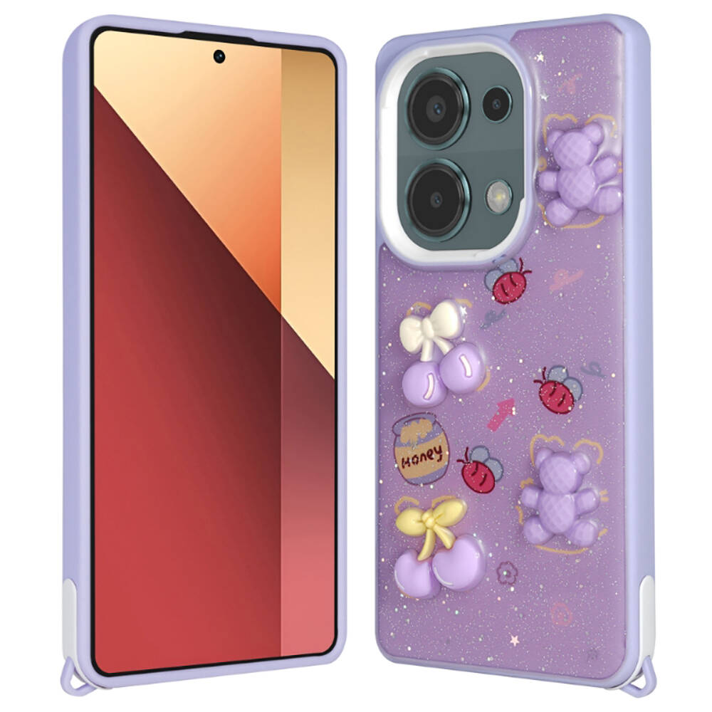 Xiaomi Poco M6 Pro 4G Kılıf Parlayan Simli Kabartma Figürlü NXXA Cevze Kapak-Mor Ayı