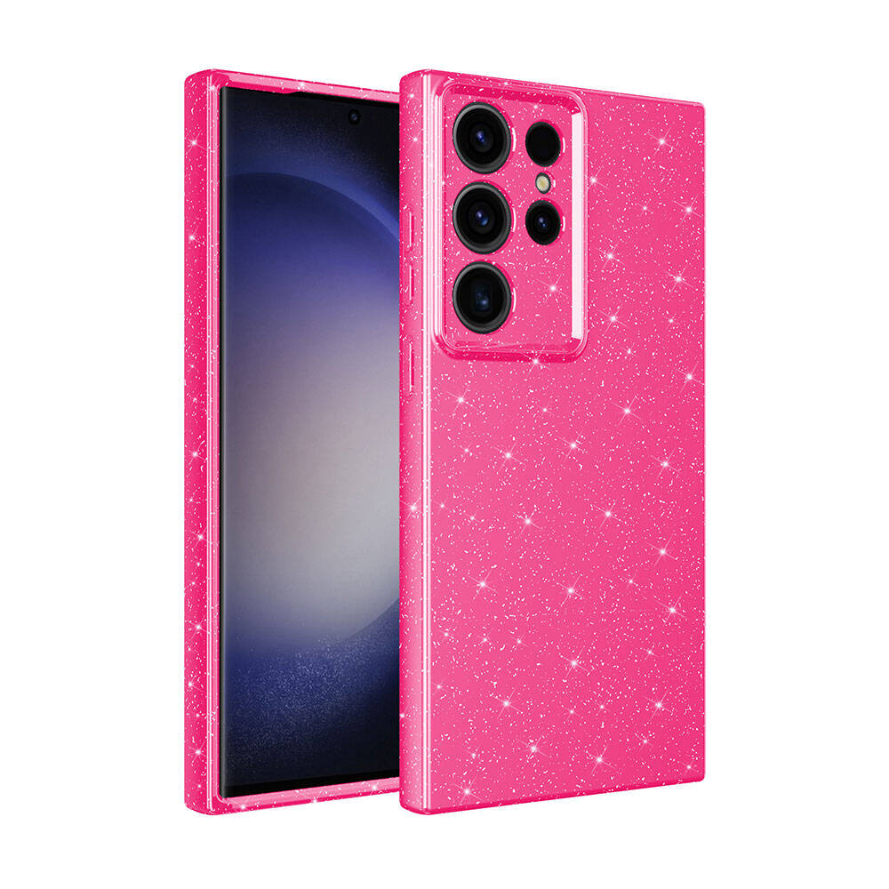 Galaxy S24 Ultra Kılıf Kamera Korumalı Simli Lüks NXXA Koton Kapak-Pembe Koyu