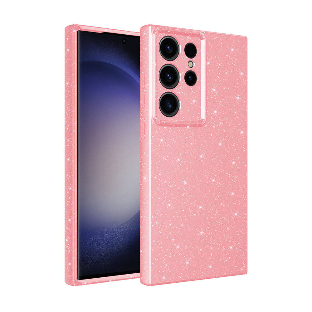 Galaxy S24 Ultra Kılıf Kamera Korumalı Simli Lüks NXXA Koton Kapak-Pembe