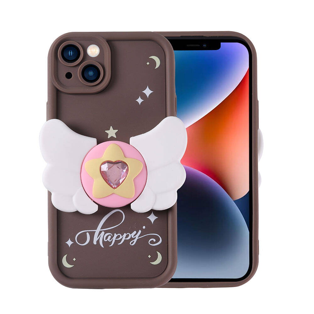 Apple iPhone 14 Kılıf Kamera Korumalı Figür Tasarımlı NXXA Kapya Kapak-Koyu Kahve