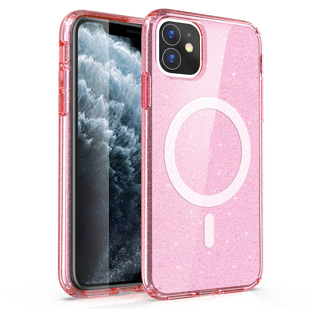 Apple iPhone 11 Kılıf Magsafe Şarj Özellikli Parlayan Simli Saydam Renkli NXXA Allstar Kapak-Pembe