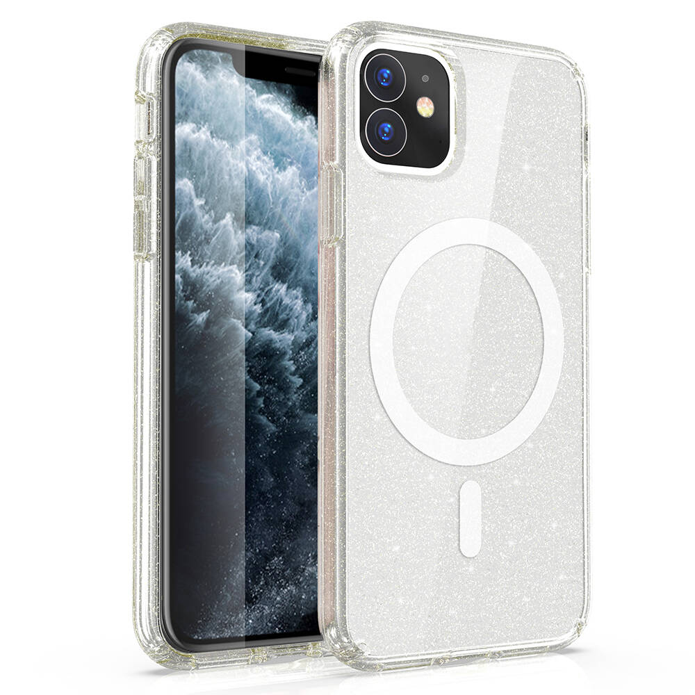 Apple iPhone 11 Kılıf Magsafe Şarj Özellikli Parlayan Simli Saydam Renkli NXXA Allstar Kapak-Şeffaf