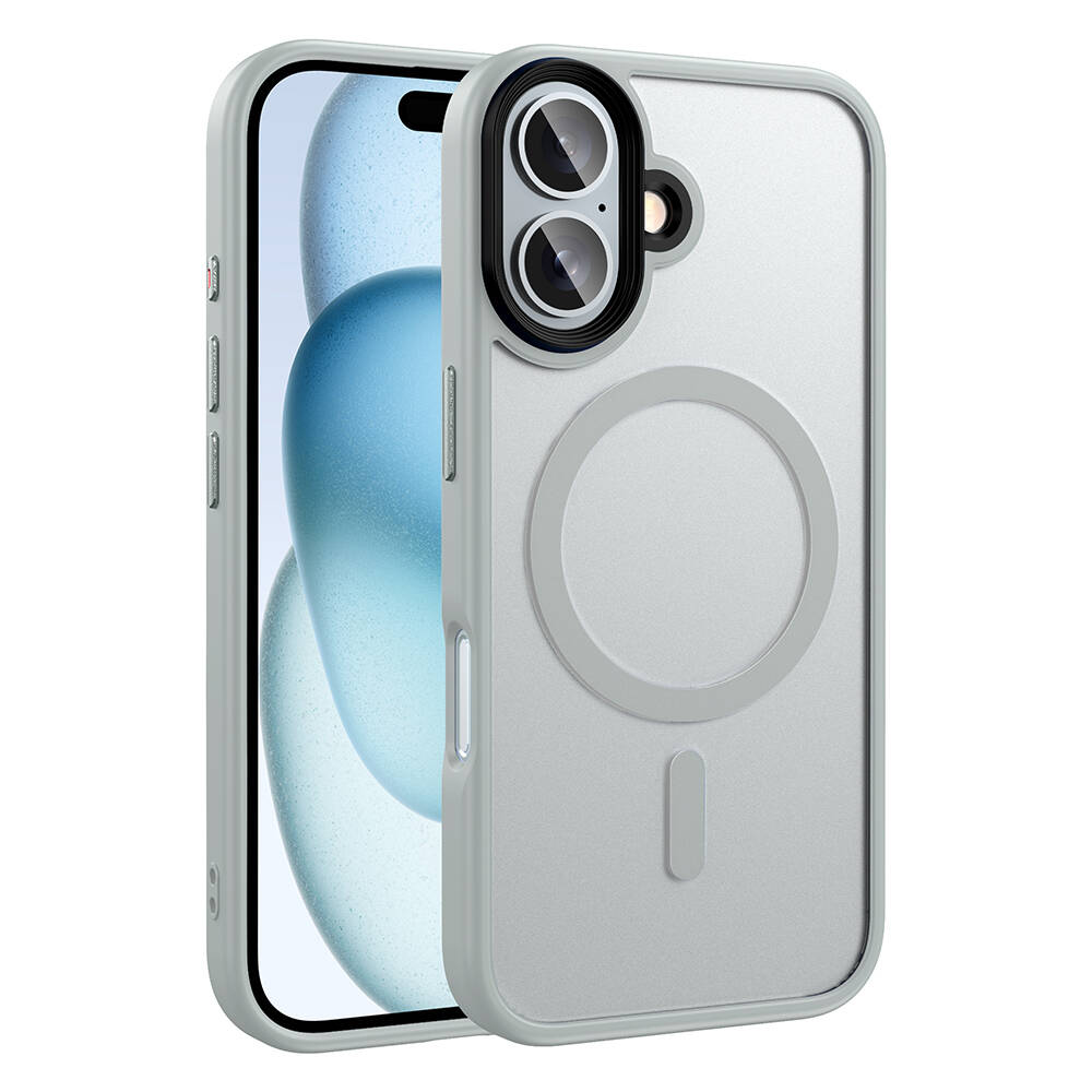 Apple iPhone 16 Kılıf Mat Arka Yüzey Wireless Şarj Özellikli NXXA Flet Magsafe Kapak-Gümüş