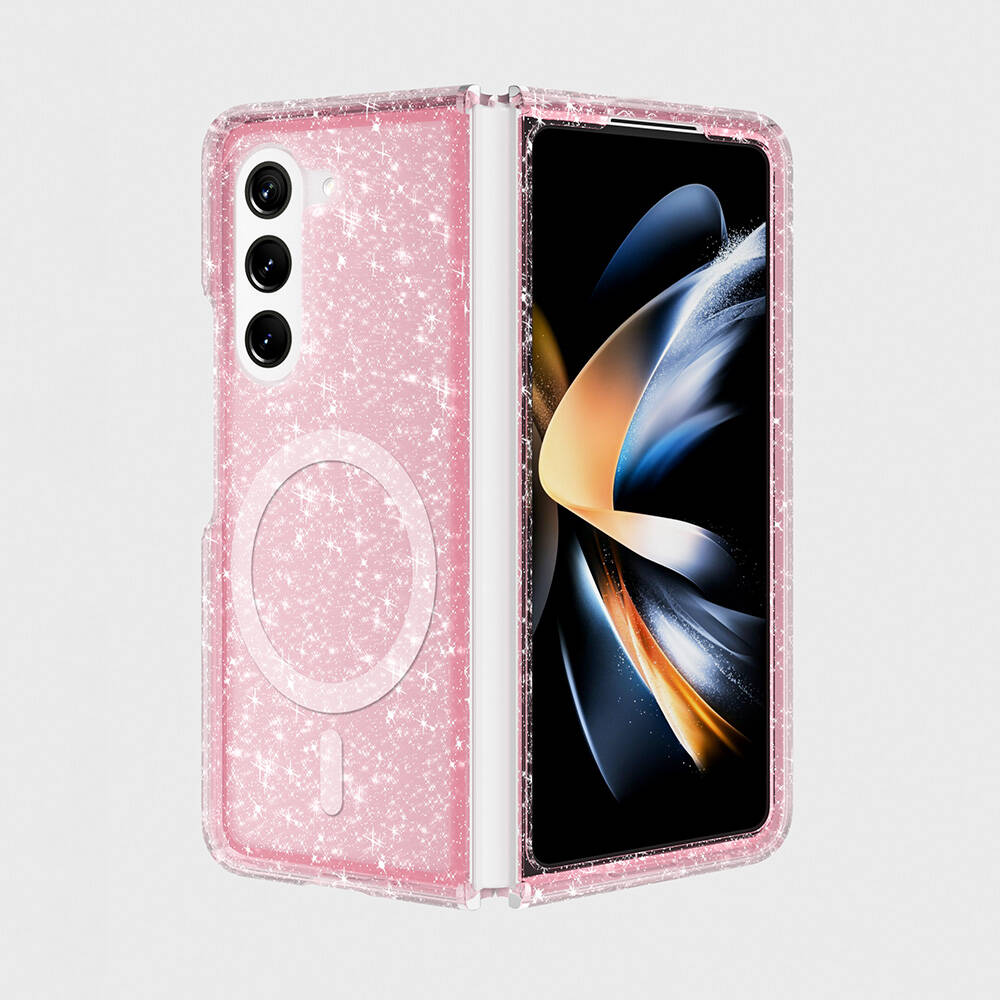 Galaxy Z Fold 6 Kılıf Magsafe Şarj Özellikli Parlayan Simli Saydam Renkli NXXA Allstar Kapak-Pembe