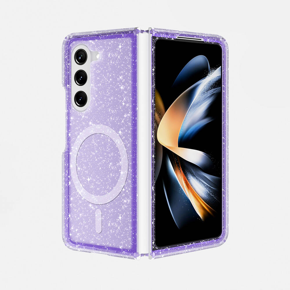 Galaxy Z Fold 6 Kılıf Magsafe Şarj Özellikli Parlayan Simli Saydam Renkli NXXA Allstar Kapak-Mor