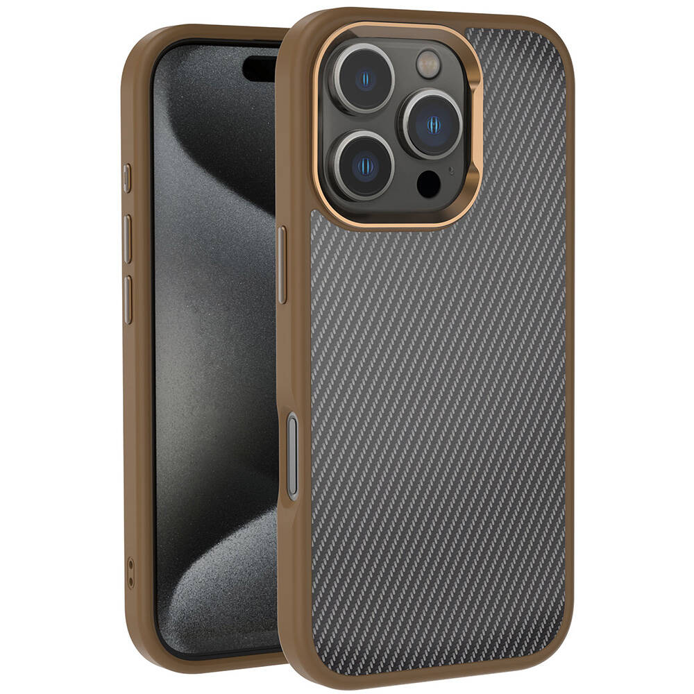 Apple iPhone 16 Pro Kılıf Karbon Fiber Görünümlü Parlak Kamera Çerçeveli NXXA Venus Kapak-Rose Brown
