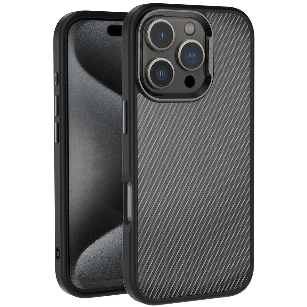 Apple iPhone 16 Pro Max Kılıf Karbon Fiber Görünümlü Parlak Kamera Çerçeveli NXXA Venus Kapak-Siyah