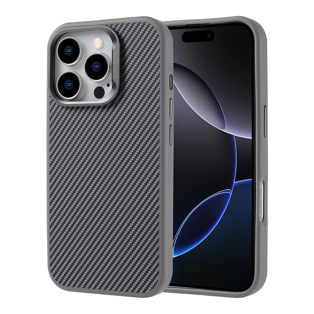 iPhone 16 Pro Kılıf Magsafe Şarj Özellikli Karbon Fiber Görünümlü NXXA Troy Kapak-Gümüş