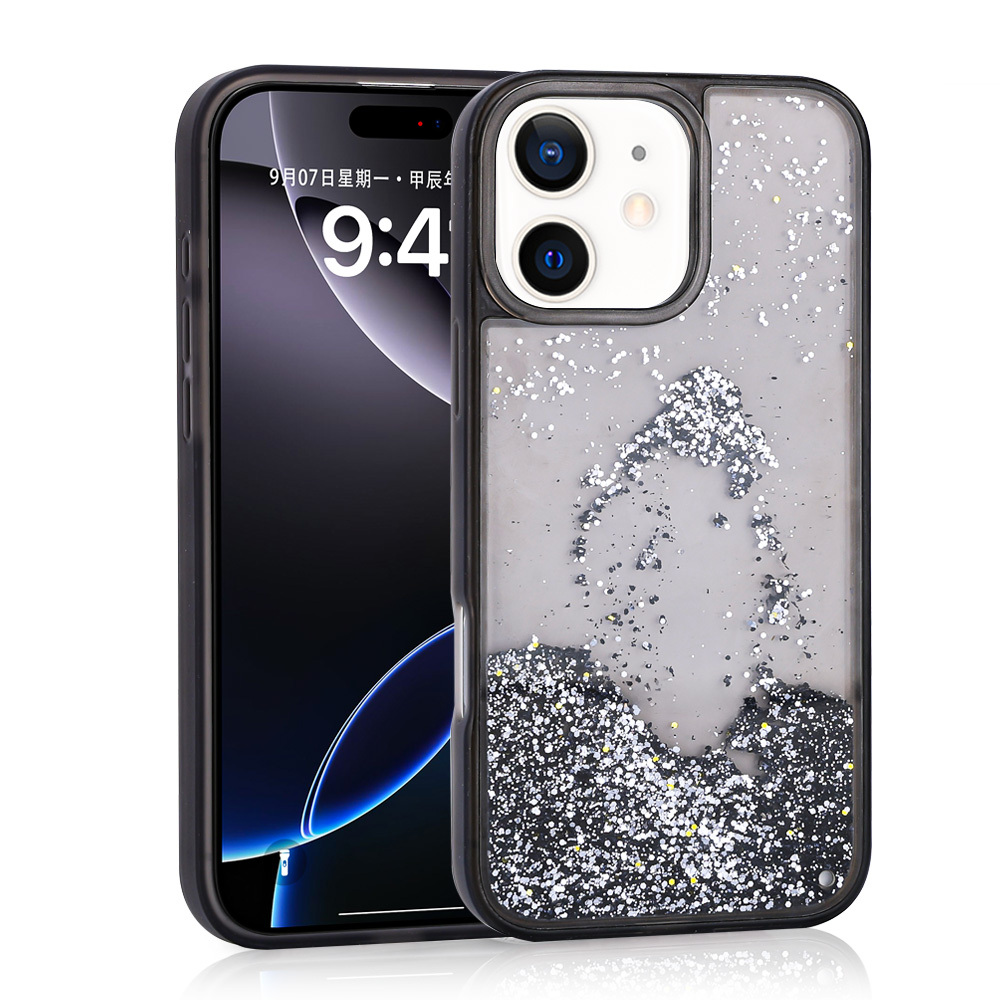 iPhone 12 Uyumlu Kılıf Sıvılı Simli Şeffaf Arka Yüzey NXXA Keto Silikon Kapak-Siyah