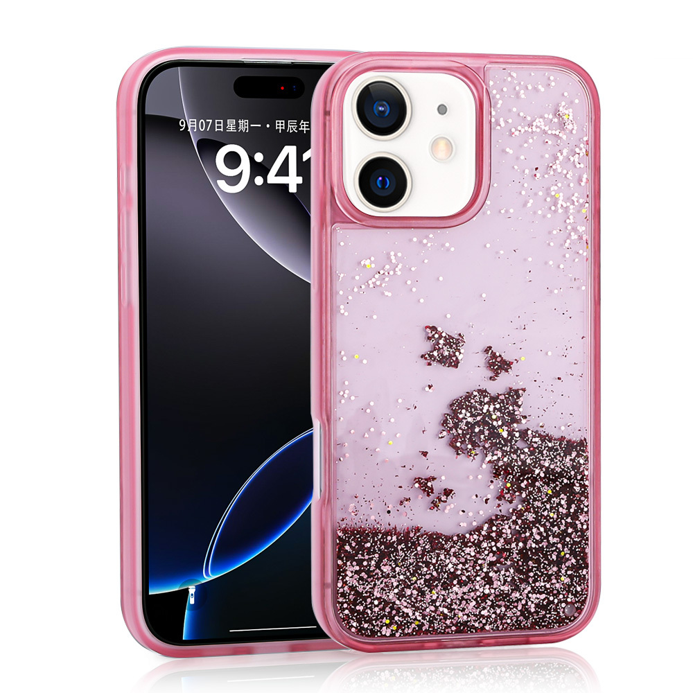 iPhone 12 Uyumlu Kılıf Sıvılı Simli Şeffaf Arka Yüzey NXXA Keto Silikon Kapak-Pembe