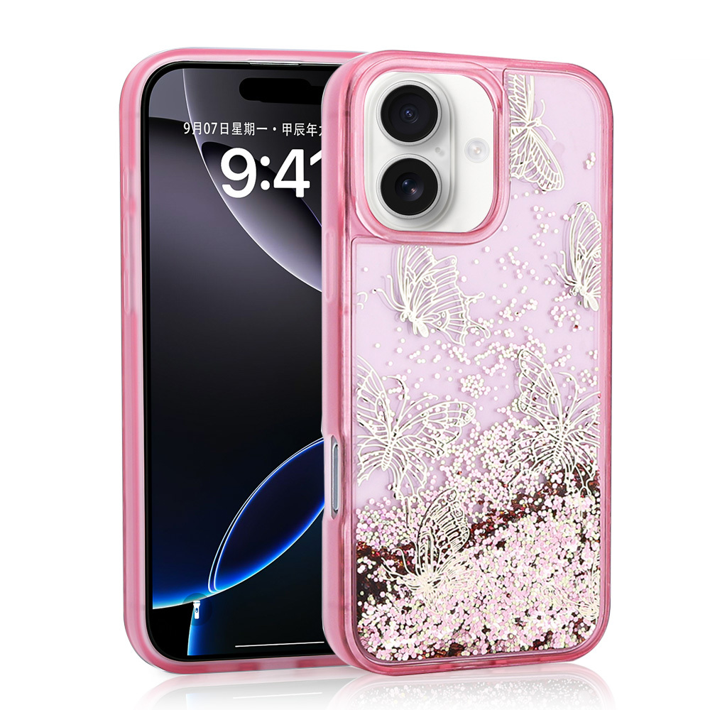 iPhone 16 Uyumlu Kılıf Sıvılı Simli Kelebek Baskılı Şeffaf Arka Yüzey NXXA Glis Silikon Kapak-Pembe