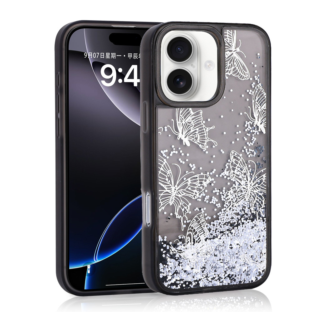 iPhone 16 Uyumlu Kılıf Sıvılı Simli Kelebek Baskılı Şeffaf Arka Yüzey NXXA Glis Silikon Kapak-Siyah