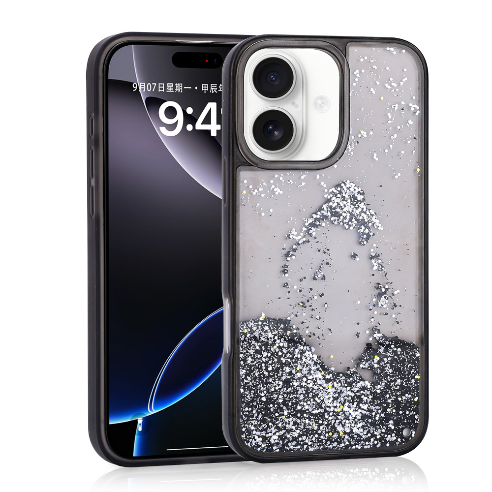 iPhone 16 Uyumlu Kılıf Sıvılı Simli Şeffaf Arka Yüzey NXXA Keto Silikon Kapak-Siyah