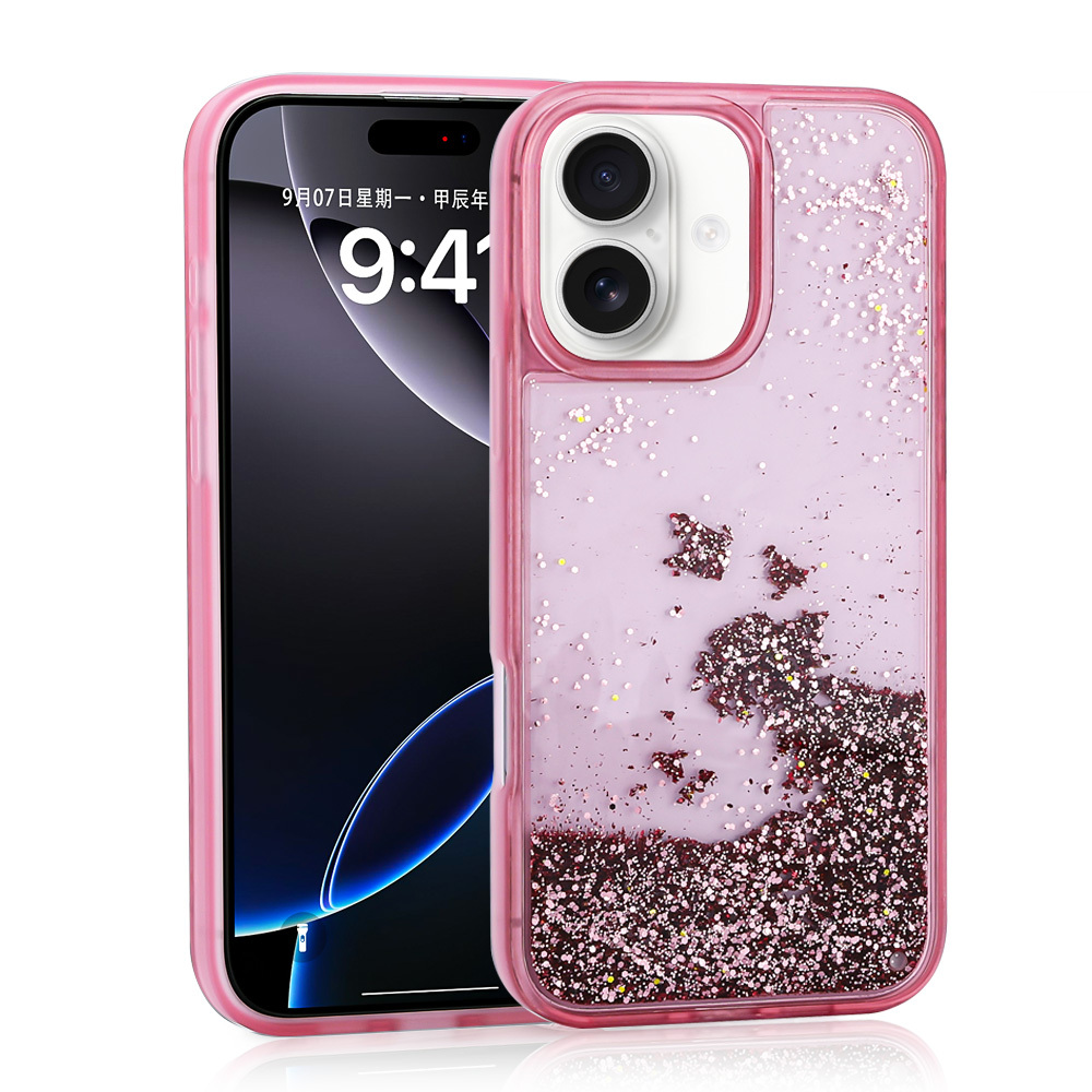 iPhone 16 Uyumlu Kılıf Sıvılı Simli Şeffaf Arka Yüzey NXXA Keto Silikon Kapak-Pembe