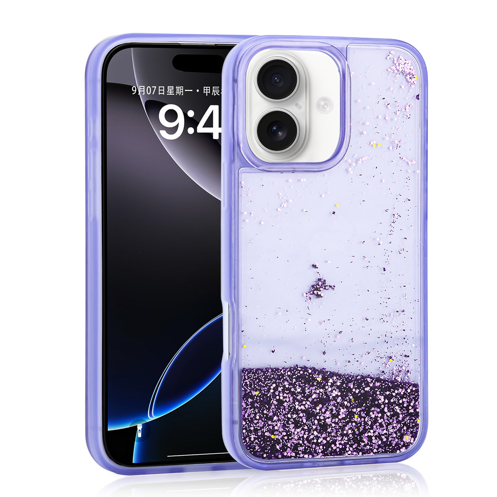 iPhone 16 Uyumlu Kılıf Sıvılı Simli Şeffaf Arka Yüzey NXXA Keto Silikon Kapak-Mor
