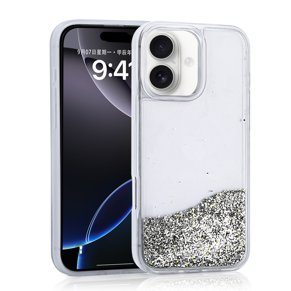 iPhone 16 Uyumlu Kılıf Sıvılı Simli Şeffaf Arka Yüzey NXXA Keto Silikon Kapak-Gümüş
