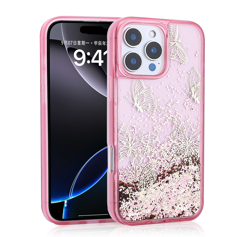 iPhone 16 Pro Uyumlu Kılıf Sıvılı Simli Kelebek Baskılı Şeffaf Arka Yüzey NXXA Glis Silikon Kapak-Pe