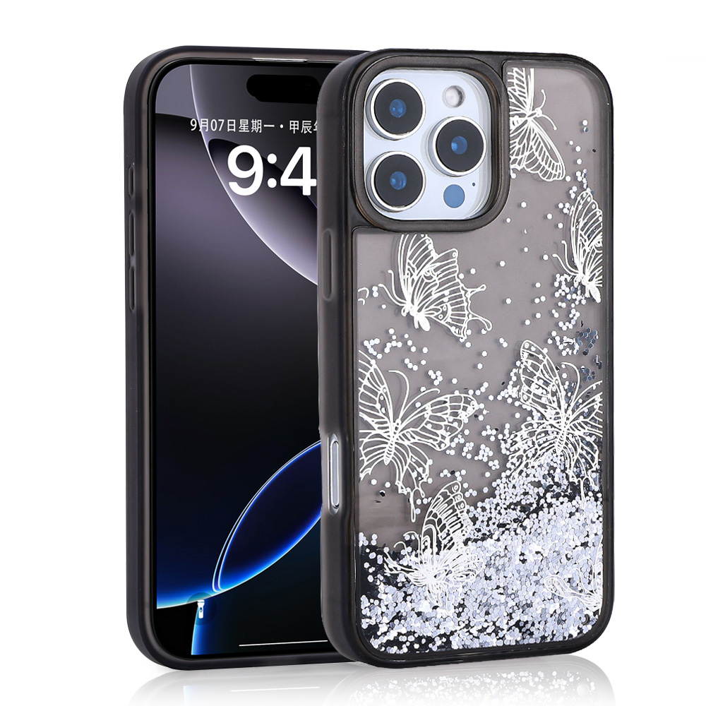 iPhone 16 Pro Uyumlu Kılıf Sıvılı Simli Kelebek Baskılı Şeffaf Arka Yüzey NXXA Glis Silikon Kapak-Si