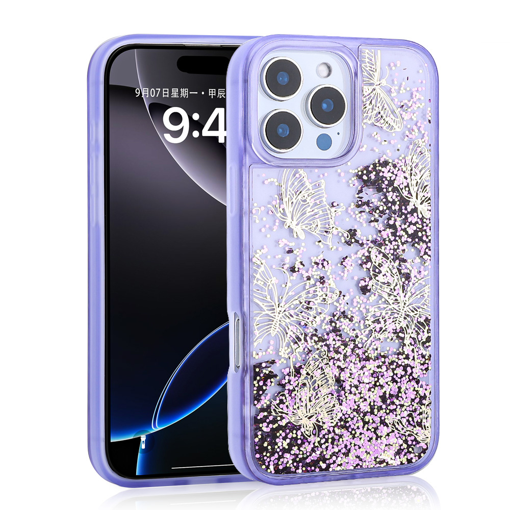 iPhone 16 Pro Max Uyumlu Kılıf Sıvılı Simli Kelebek Baskılı Şeffaf Arka Yüzey NXXA Glis Silikon Kapa