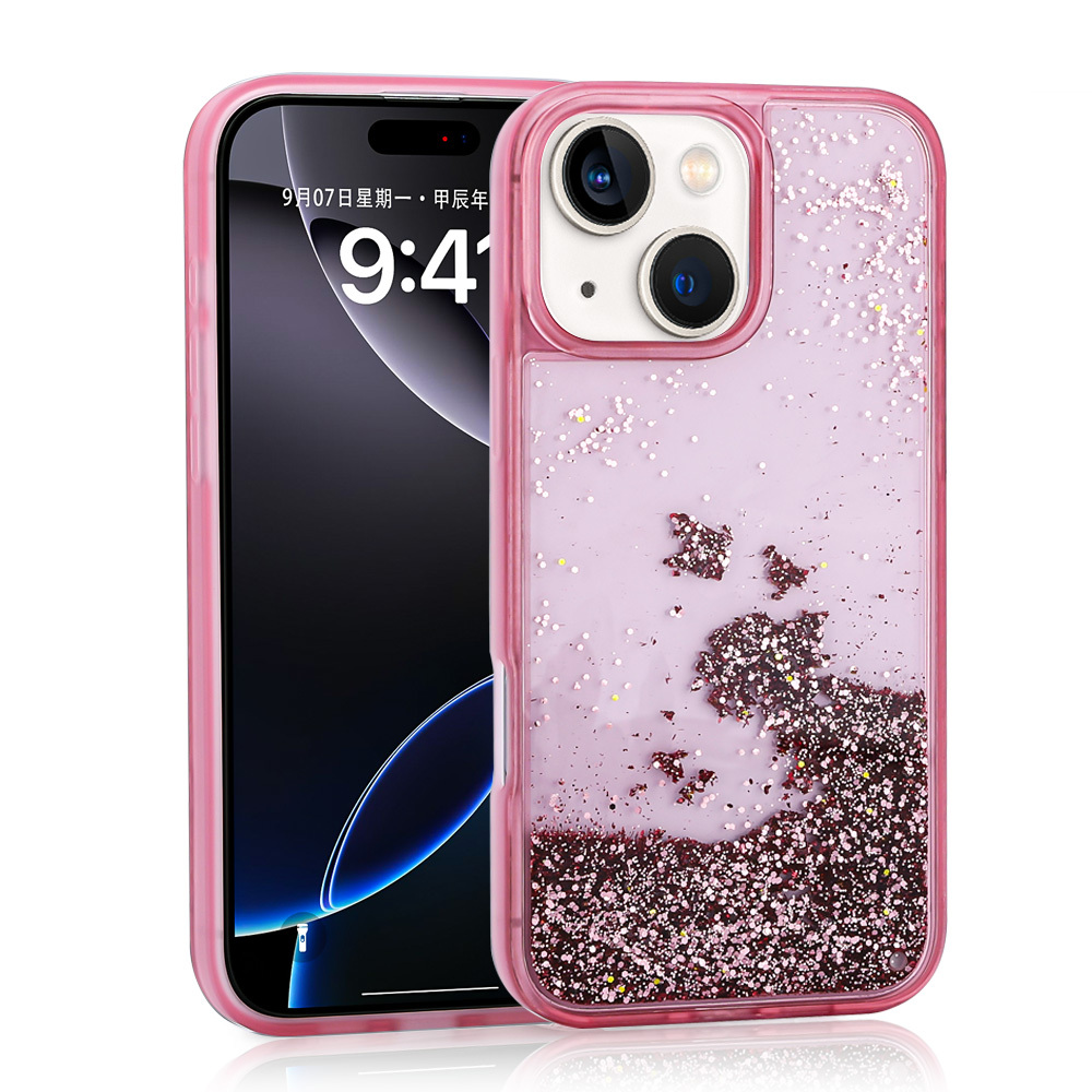 iPhone 15 Uyumlu Kılıf Sıvılı Simli Şeffaf Arka Yüzey NXXA Keto Silikon Kapak-Pembe