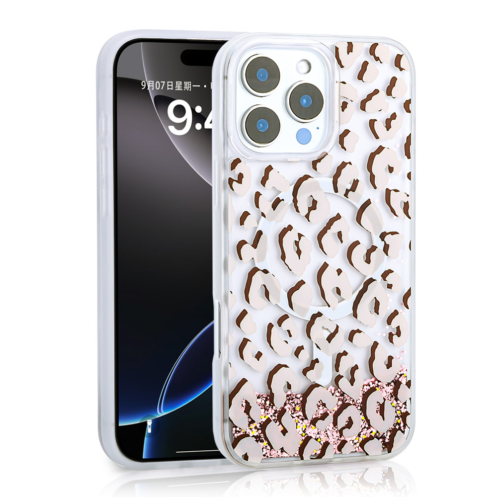 iPhone 15 Pro Max Uyumlu Kılıf Sıvılı Simli Baskılı Şeffaf Arka Yüzey NXXA Mossa Silikon Kapak-Pembe