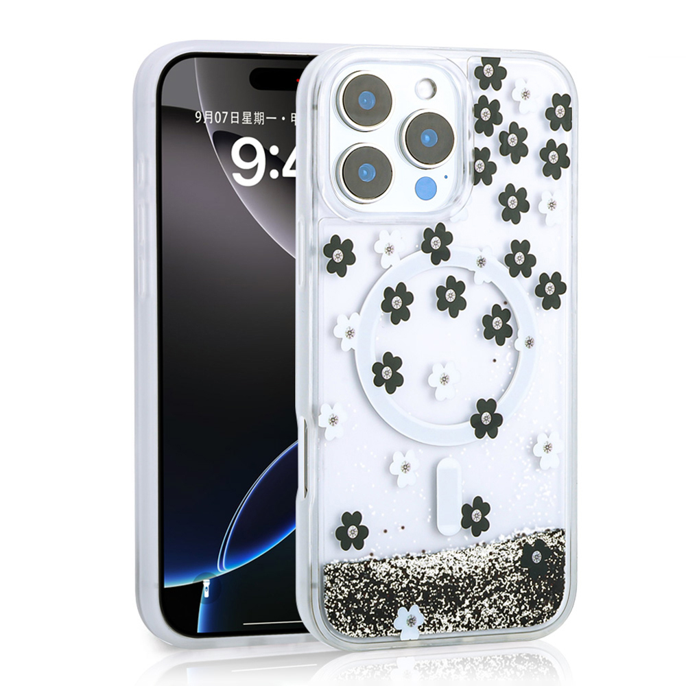 iPhone 16 Pro Uyumlu Kılıf Sıvılı Simli Baskılı Şeffaf Arka Yüzey NXXA Mossa Silikon Kapak-Siyah