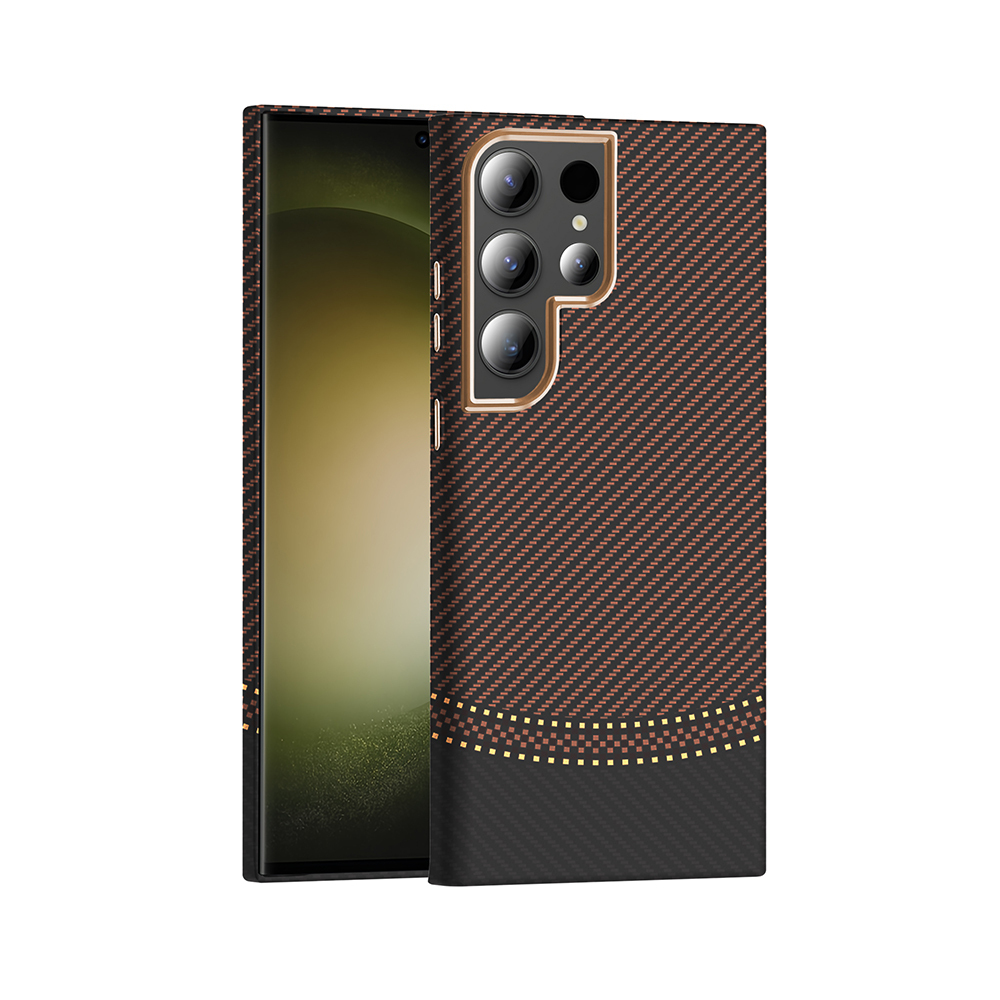 Galaxy S23 Ultra Kılıf M-safe Şarj Özellikli Karbon Fiber Görünümlü NXXA Gros Kapak - Gold-Siyah