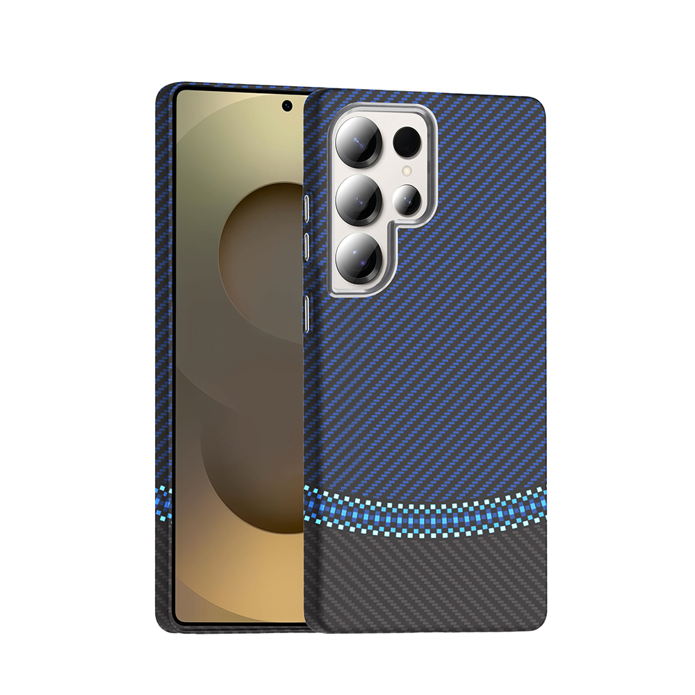 Galaxy S25 Ultra Kılıf M-safe Şarj Özellikli Karbon Fiber Görünümlü NXXA Gros Kapak - Siyah-Lacivert