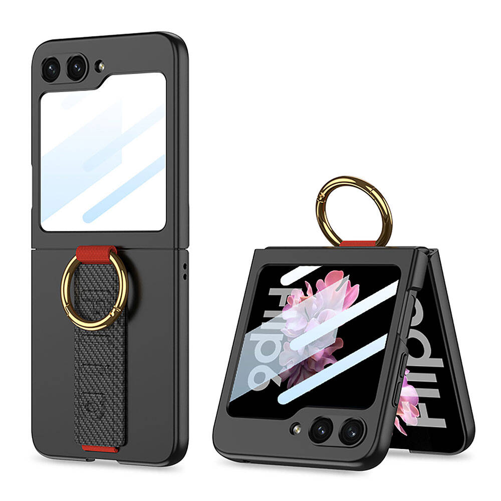 Galaxy Z Flip 6 Kılıf Kamera Korumalı Yüzüklü Karbon Tasarımlı NXXA Flip Ring Kıpta Kapak-Siyah